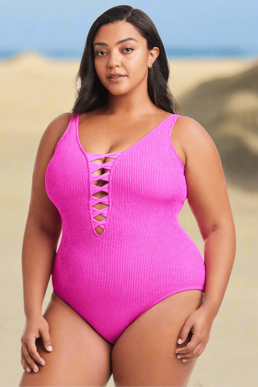 Plus Size Pucker Up Lace Down One Piece Swimsuit - Bleu Rod Beattie