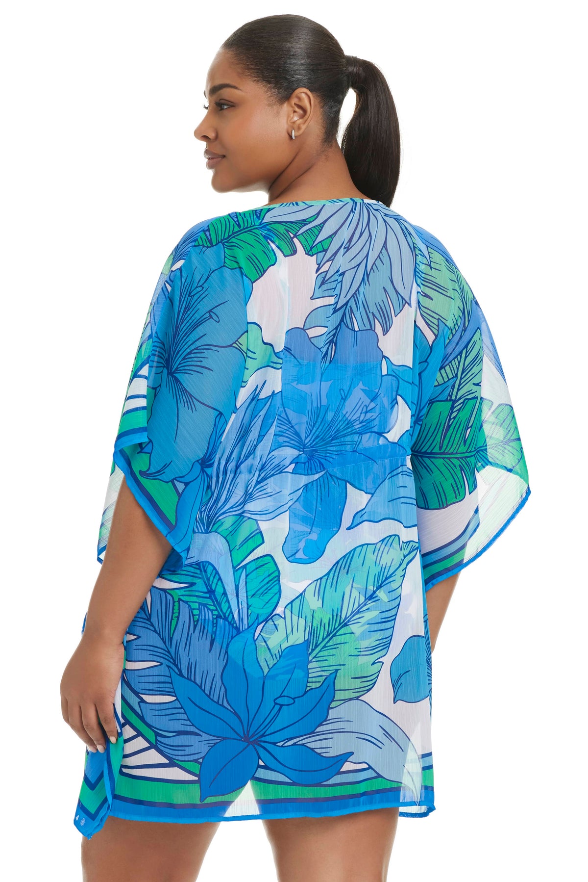 Blue Riviera Retreat Caftan cover-up by Bleu Rod Plus, flowing lightweight fabric with vibrant pattern, perfect for beach or poolside wear.