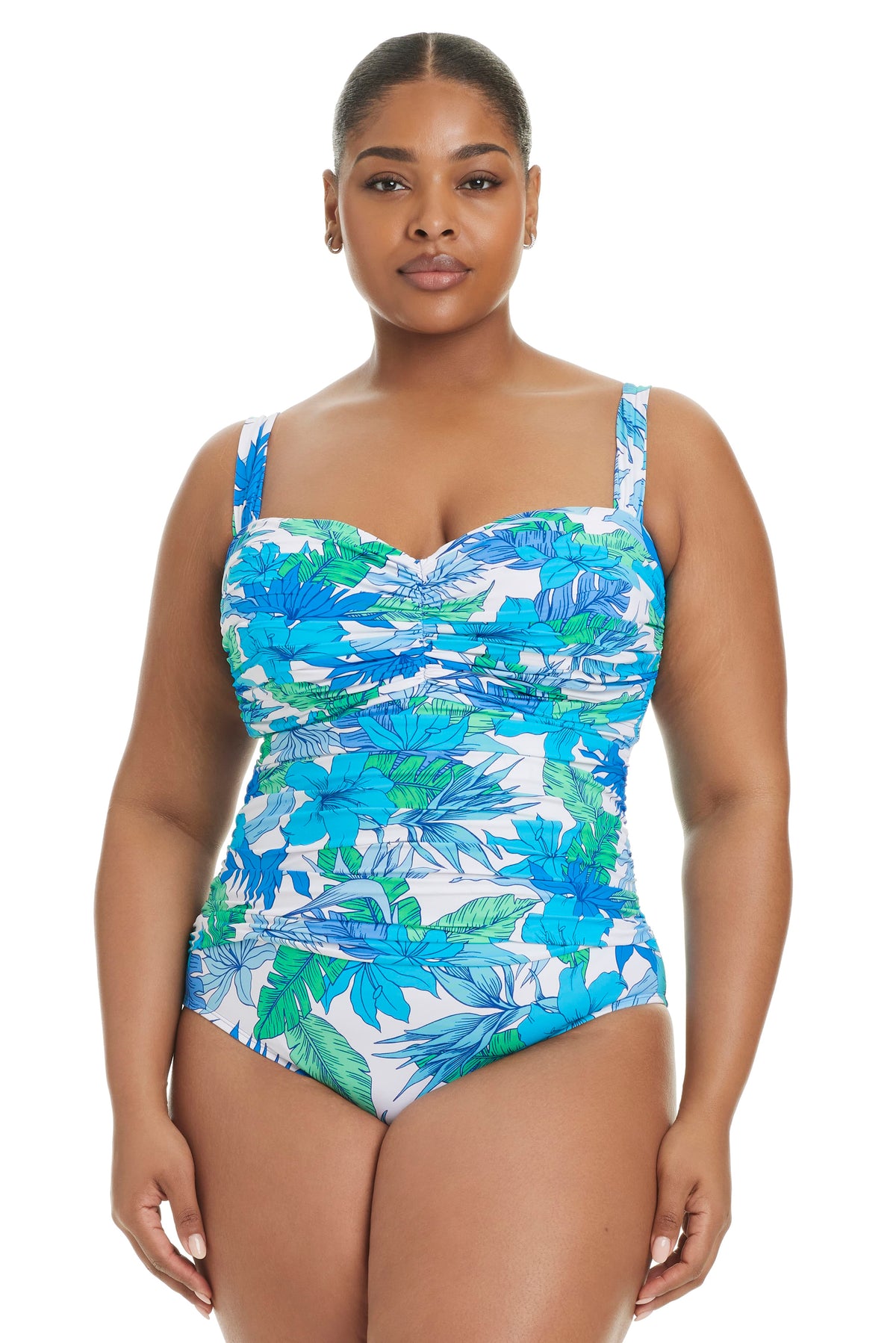 Plus-size Bleu Rod Plus Riviera Retreat shirred bandeau mio one-piece swimsuit with flattering design and vibrant color.