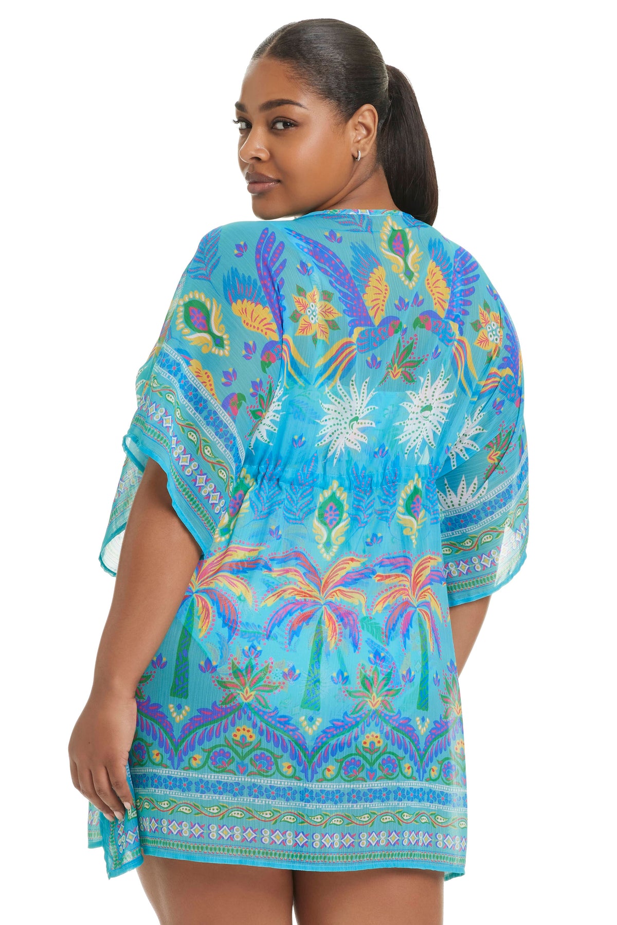 Plus size Bleu Rod Plus Summer Solstice Caftan cover-up with flowing fabric and vibrant pattern, perfect for summer beachwear.