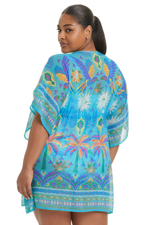 Plus size Bleu Rod Plus Summer Solstice Caftan cover-up with flowing fabric and vibrant pattern, perfect for summer beachwear.