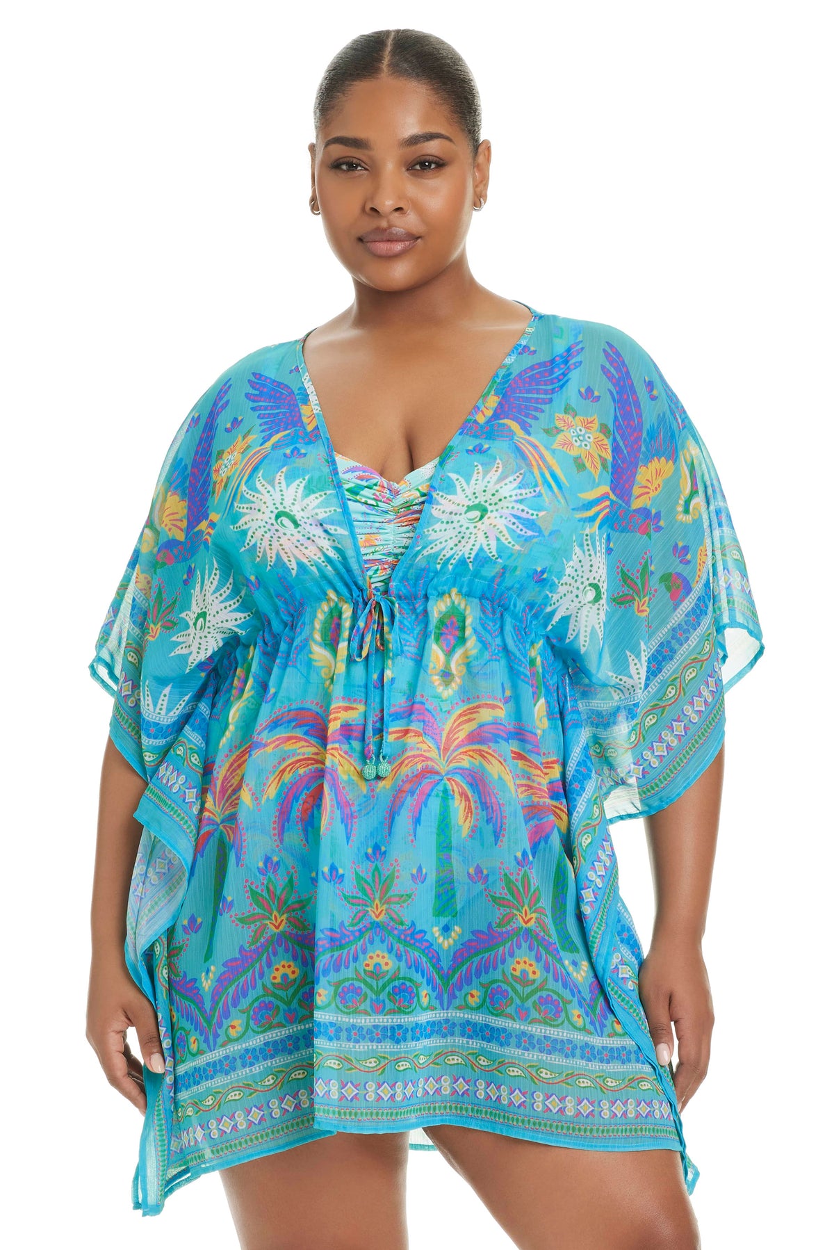 Plus size Summer Solstice Caftan by Bleu Rod Plus, lightweight cover-up with vibrant print and flowing fabric for summer wear.