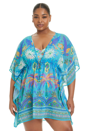 Plus size Summer Solstice Caftan by Bleu Rod Plus, lightweight cover-up with vibrant print and flowing fabric for summer wear.
