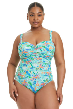 Plus size Summer Solstice Shirred Bandeau Mio One-Piece Swimsuit by Bleu Rod Plus, featuring a flattering bandeau style and shirred design.