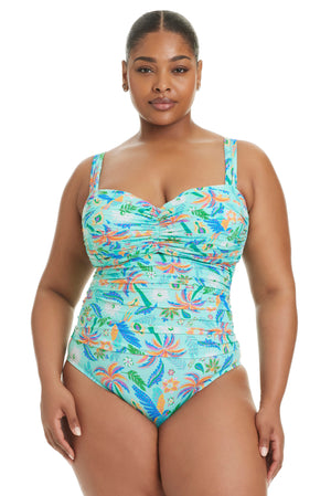 Plus size Summer Solstice Shirred Bandeau Mio One-Piece Swimsuit by Bleu Rod Plus, featuring a flattering bandeau style and shirred design.