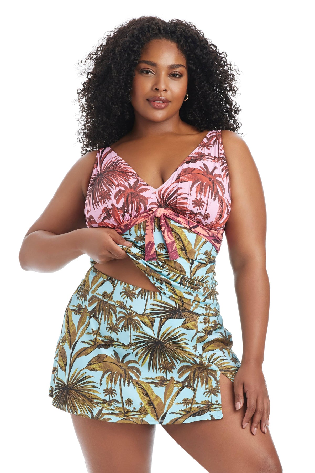 White Lotus Plus Size Tankini Swim Top by Bleu Rod Plus featuring a white lotus print, designed for comfortable plus size swimwear.