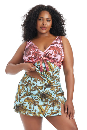 White Lotus Plus Size Tankini Swim Top by Bleu Rod Plus featuring a white lotus print, designed for comfortable plus size swimwear.