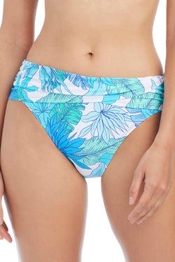 Blue Riviera Retreat hipster bikini bottom with a skirted design, featuring vibrant swimwear fabric and stylish coverage.
