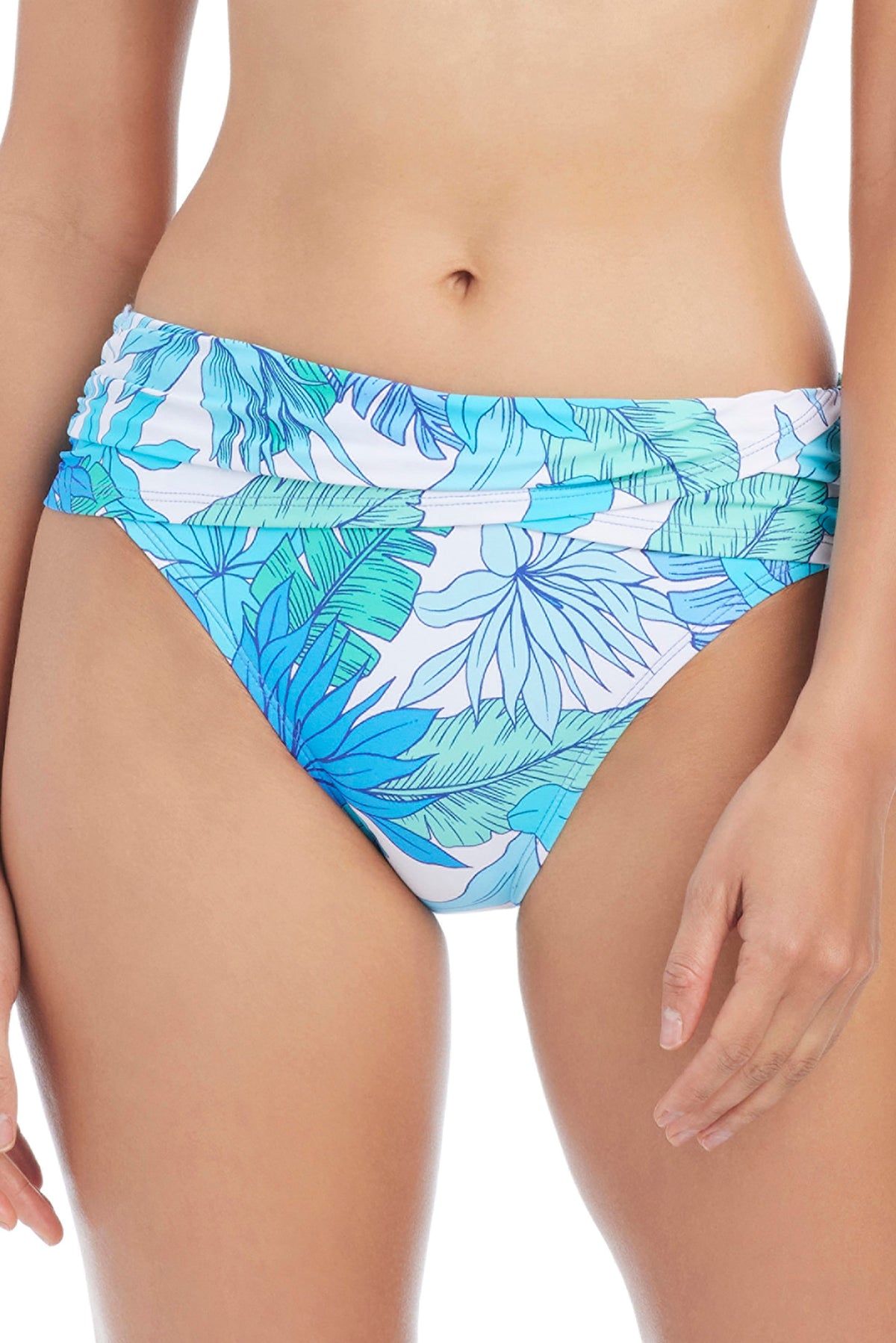 Blue Riviera Retreat hipster bikini bottom with a skirted design, featuring vibrant swimwear fabric and stylish coverage.