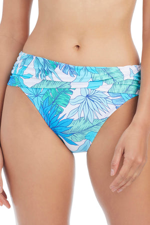 Blue Riviera Retreat hipster bikini bottom with a skirted design, featuring vibrant swimwear fabric and stylish coverage.