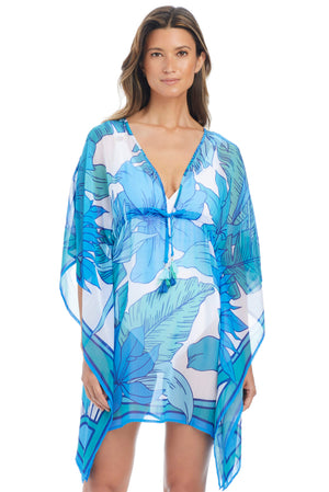 Blue Riviera Retreat Caftan Coverup dress from Bleu Rod, lightweight and stylish for beach or poolside wear.