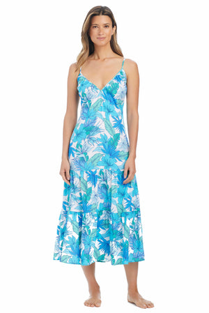 Blue Riviera Retreat midi dress cover-up by Bleu Rod, flowing lightweight dress with relaxed fit, perfect for beach or poolside wear.