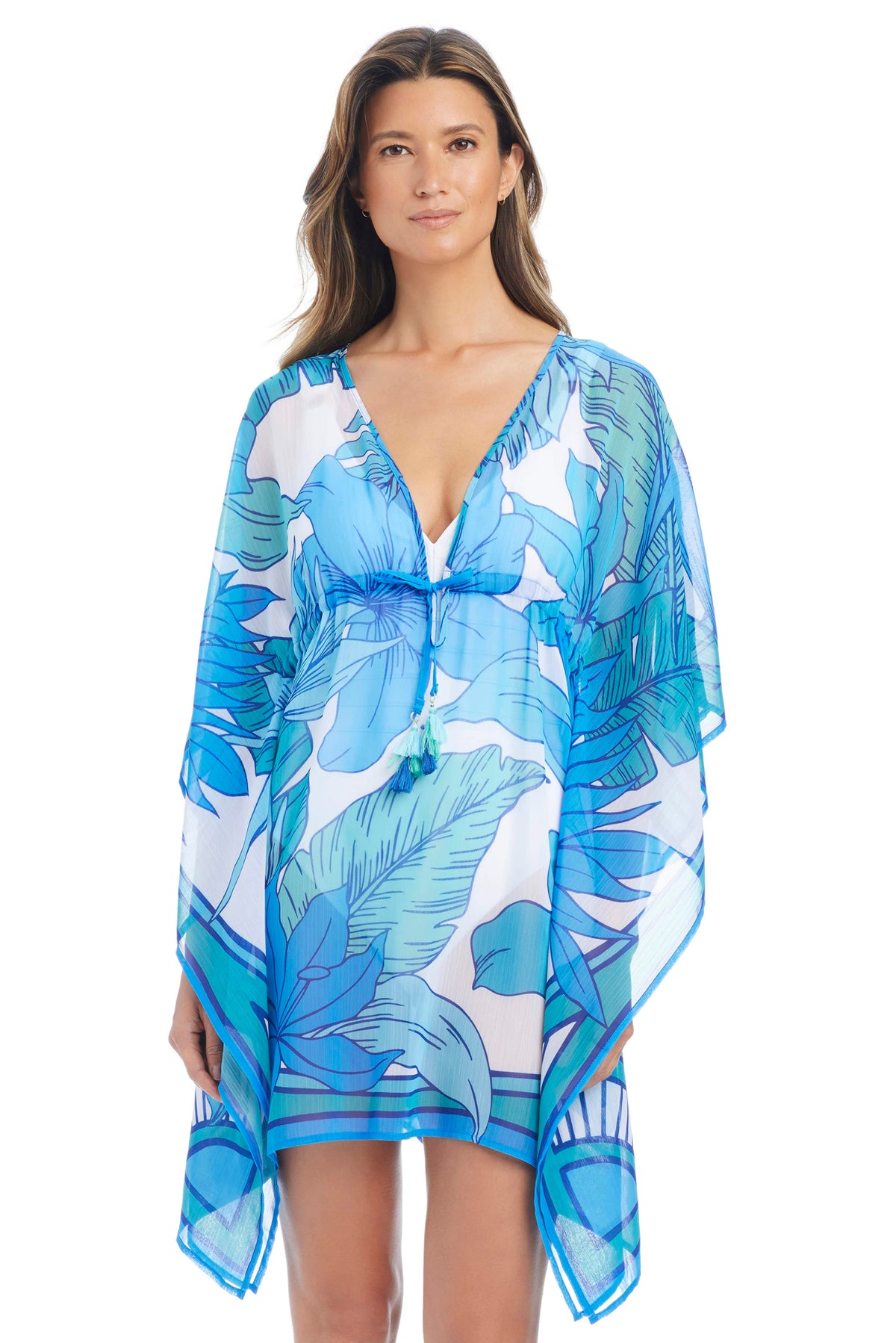 Blue Bleu Rod Riviera Retreat caftan coverup dress with flowing fabric, perfect for beach or poolside wear.