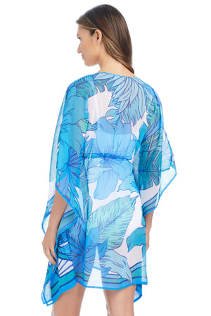 Blue Bleu Rod Riviera Retreat caftan coverup dress with flowing fabric and vibrant pattern, perfect for beach or poolside wear.