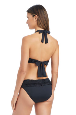 Blue Rufflicious halter bikini top from Bleu Rod featuring adjustable straps and vibrant print, perfect for beachwear.