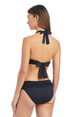 Blue Rufflicious halter bikini top from Bleu Rod featuring adjustable straps and vibrant print, perfect for beachwear.