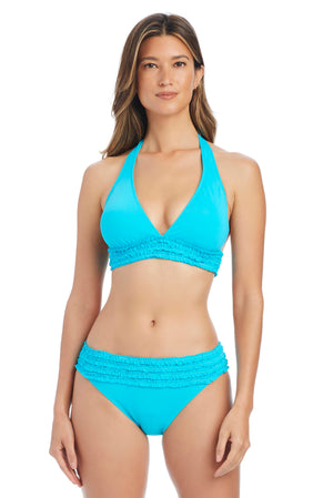 Blue Bleu Rod Rufflicious halter bikini top with waterfall design, featuring adjustable straps and vibrant blue fabric.