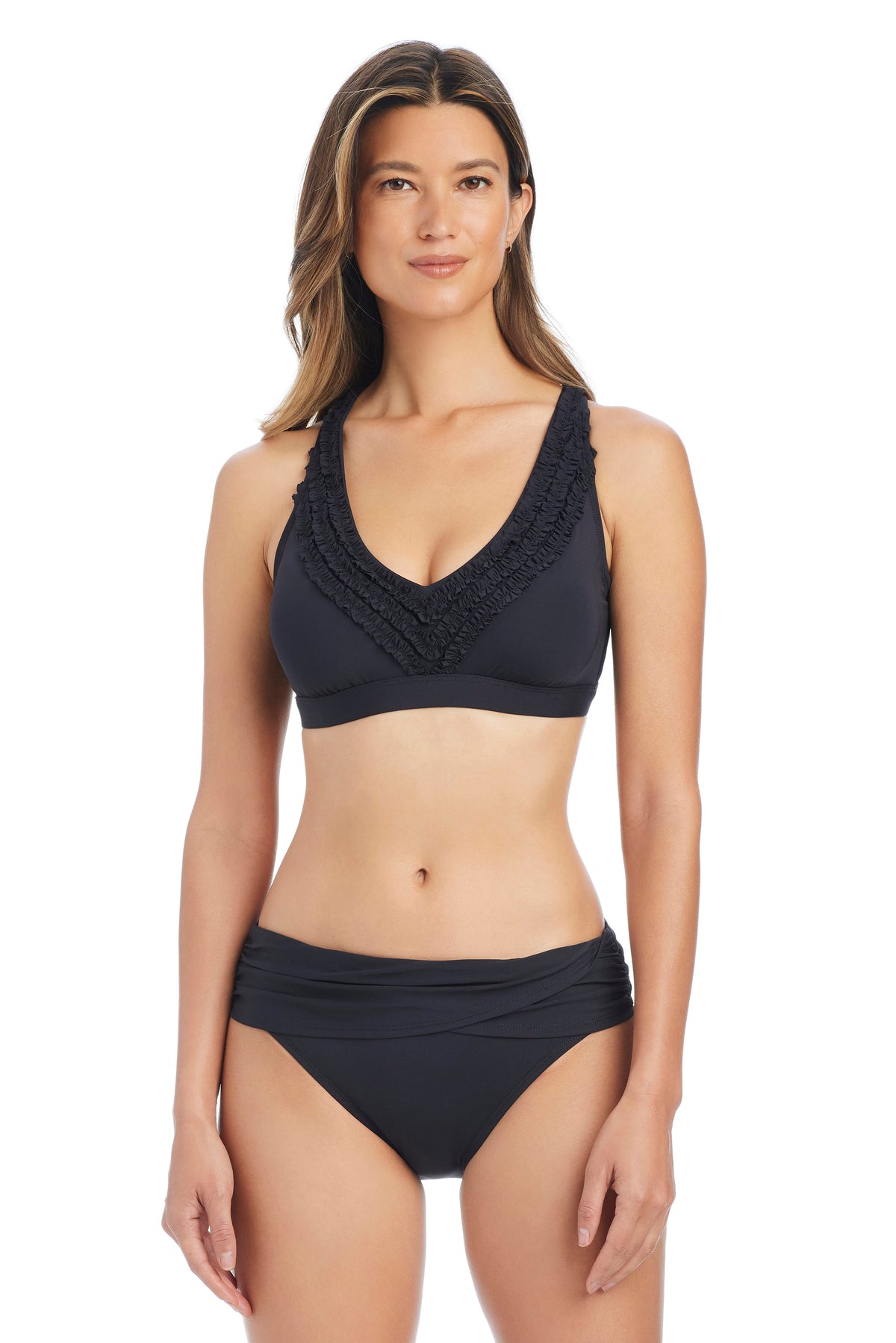 Black Bleu Rod Rufflicious underwire bikini top with adjustable straps and supportive design, size 32D, featuring a sleek, modern look.