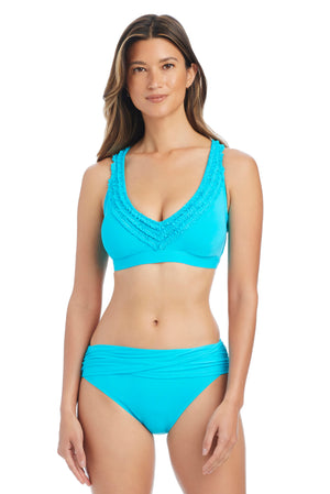 Bleu Rod Rufflicious underwire bikini top in waterfall color, featuring supportive design and adjustable straps.