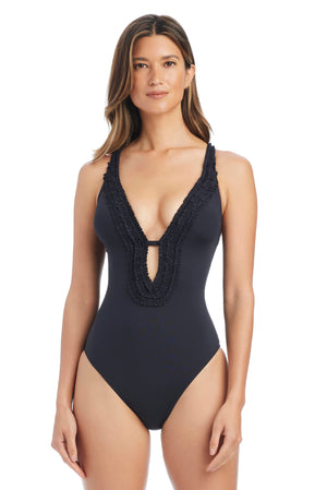 Black Bleu Rod Rufflicious keyhole one-piece swimsuit with stylish cutouts, designed for a sleek, fashionable swimwear look.