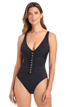 Snap To It! Snap Down Over The Shoulder One-Piece Swimsuit - Bleu Rod Beattie