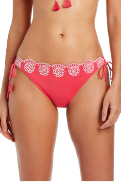 Pink and white tie side hipster bikini bottom from Bleu Rod's Spanish Islet collection featuring a stylish fiesta design.