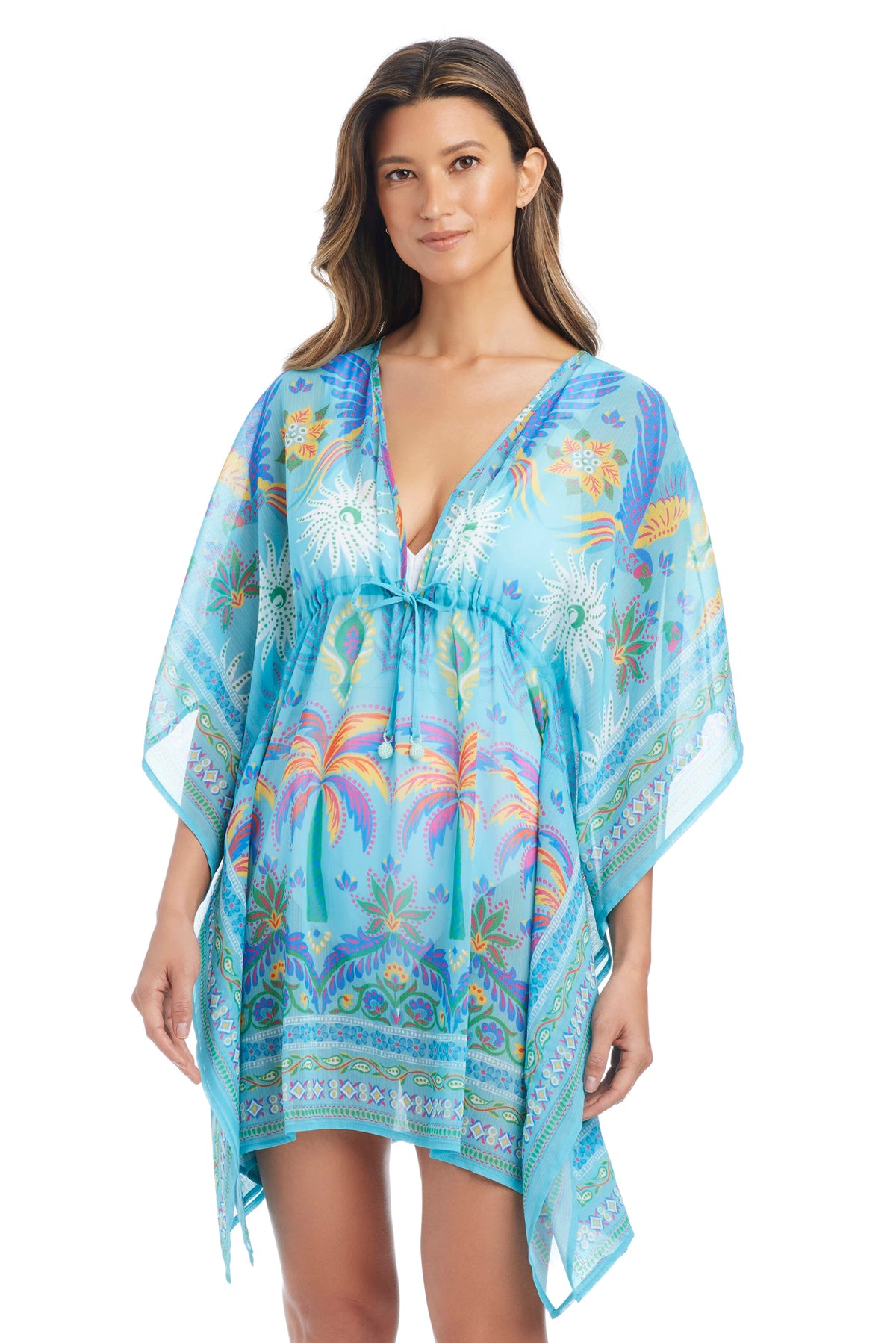 Blue Bleu Rod Summer Solstice caftan cover-up with flowing fabric and vibrant summer design, perfect for beach or poolside wear.