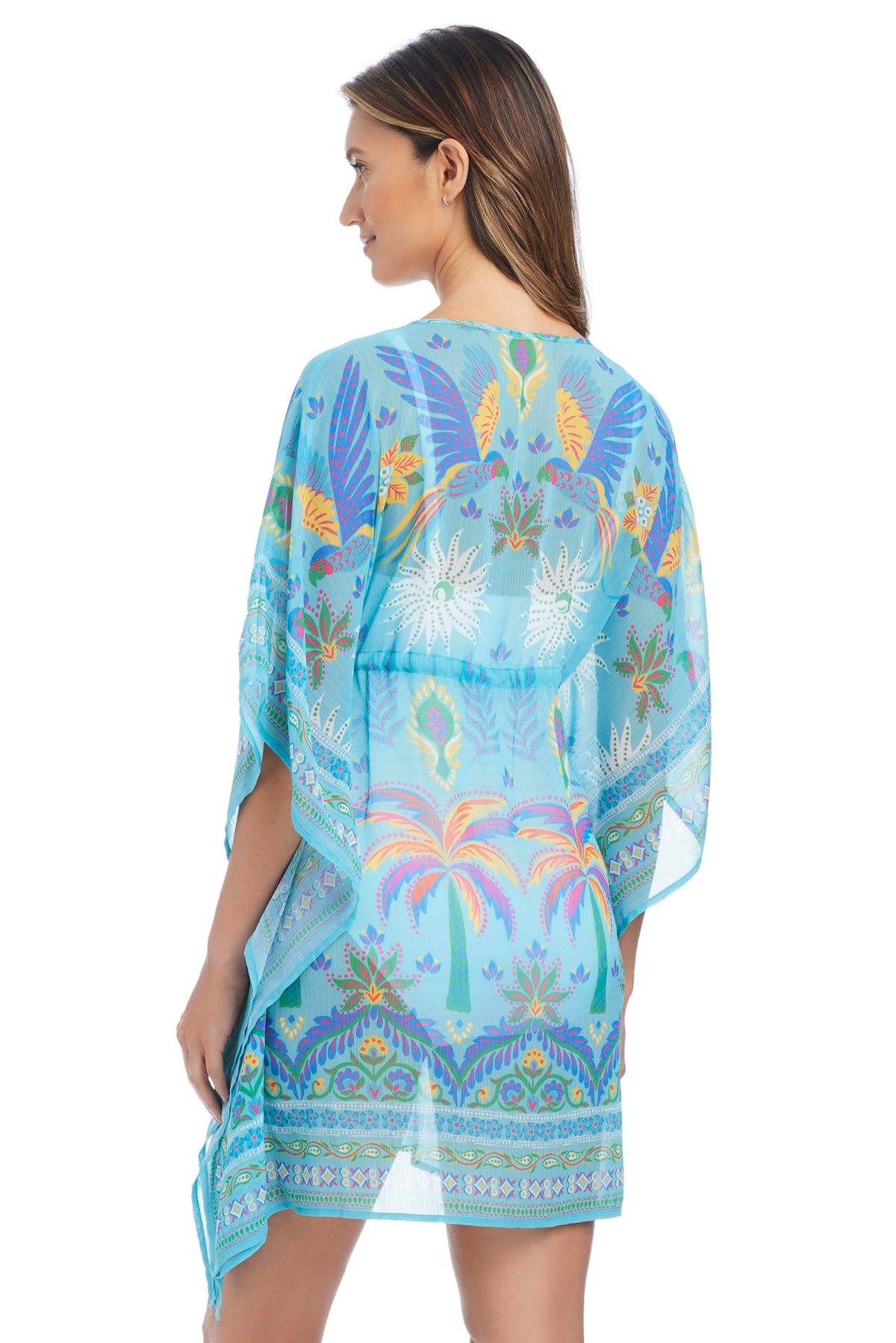 Blue Bleu Rod Summer Solstice Caftan Coverup with flowing fabric and vibrant patterns, perfect for beach or poolside wear.