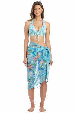Blue and white Summer Solstice Pareo Coverup caftan by Bleu Rod, lightweight beach cover-up with a flowing, stylish design.
