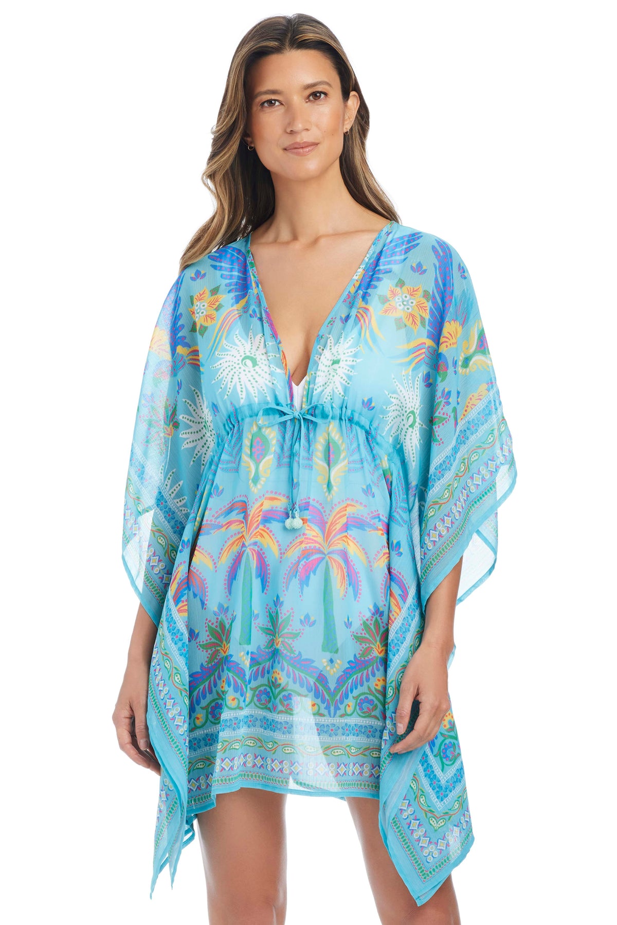 Turquoise Summer Solstice Caftan Coverup by Bleu Rod, flowy and lightweight for beach or poolside wear.