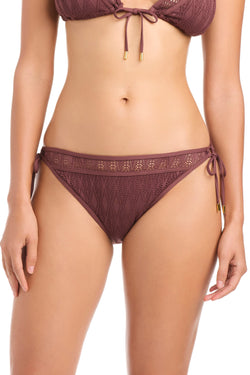 Sunkissed Crochet Tie Side Hipster Bikini Bottom in coffee color with crochet details and adjustable side ties.