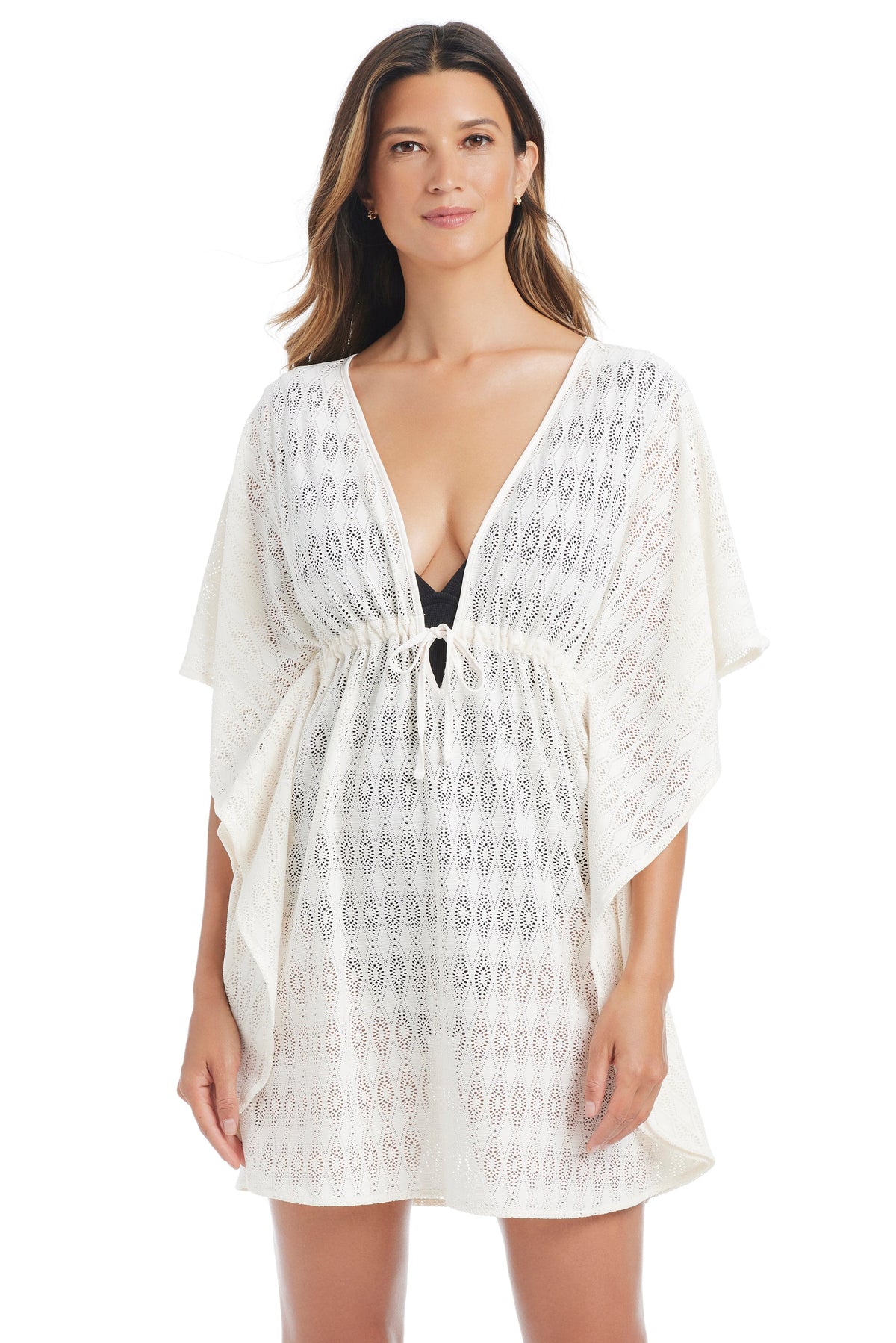 Sunkissed Crochet Caftan Coverup by Bleu Rod, featuring lightweight, airy crochet fabric and relaxed fit over swimwear.