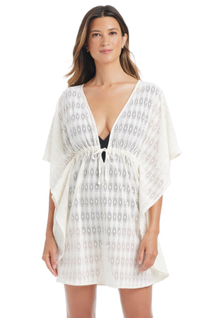 Sunkissed Crochet Caftan Coverup by Bleu Rod, featuring lightweight, airy crochet fabric and relaxed fit over swimwear.