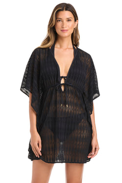 Sunkissed Crochet Caftan Coverup by Bleu Rod, lightweight crochet design with flowing fabric, perfect for beachwear.
