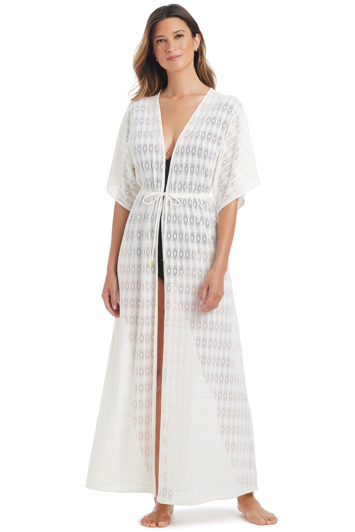 Sunkissed Crochet Dress Coverup by Bleu Rod, lightweight crochet cover-up with a relaxed fit, perfect for beach or poolside wear.