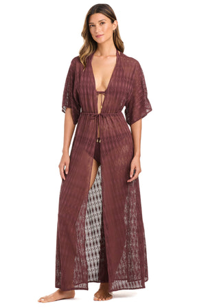 Coffee-colored Sunkissed Crochet Dress Coverup by Bleu Rod, lightweight crochet fabric, stylish beachwear over swimwear.