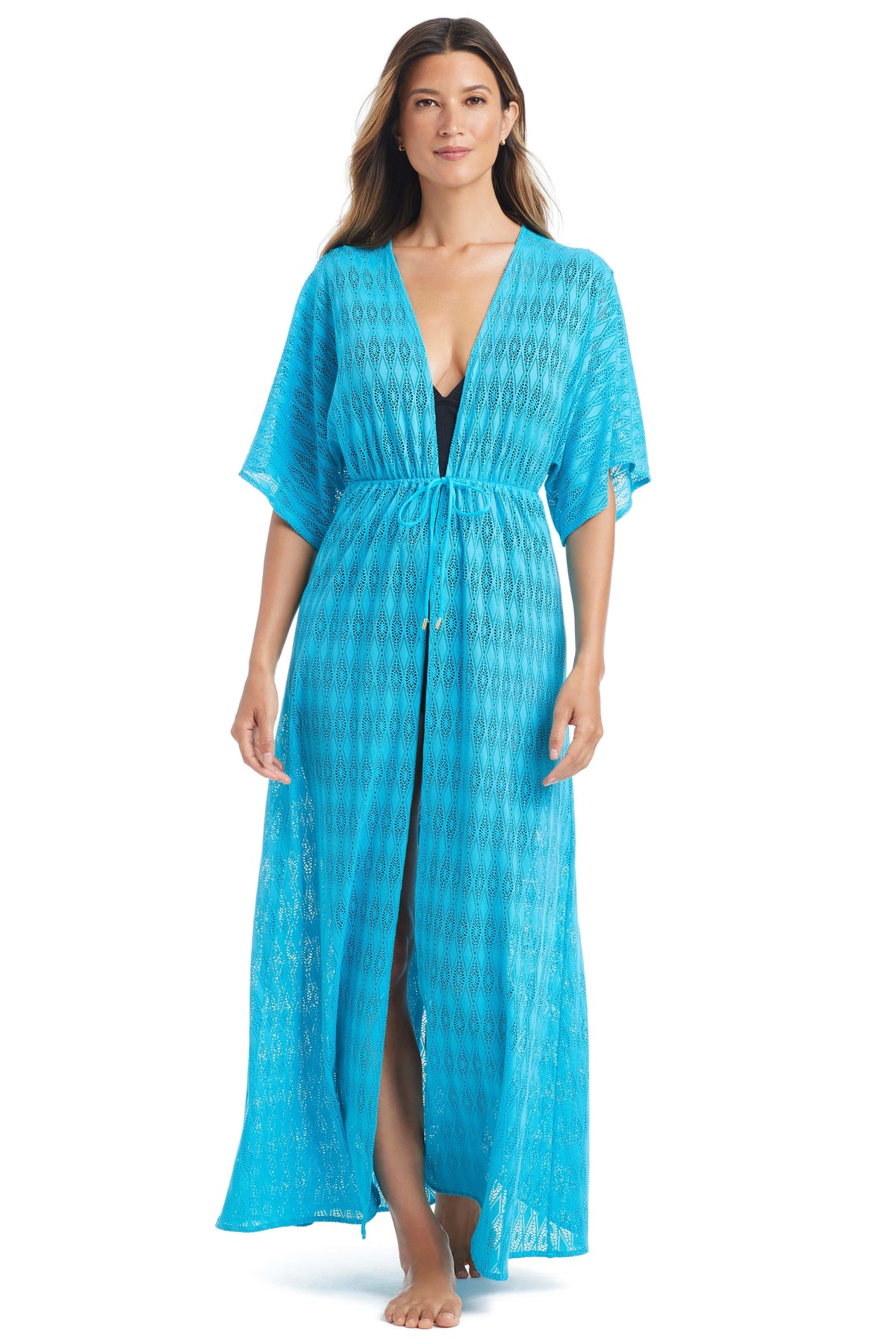 Sunkissed Crochet Dress Coverup by Bleu Rod, lightweight crochet dress with waterfall design, perfect for beach or poolside wear.