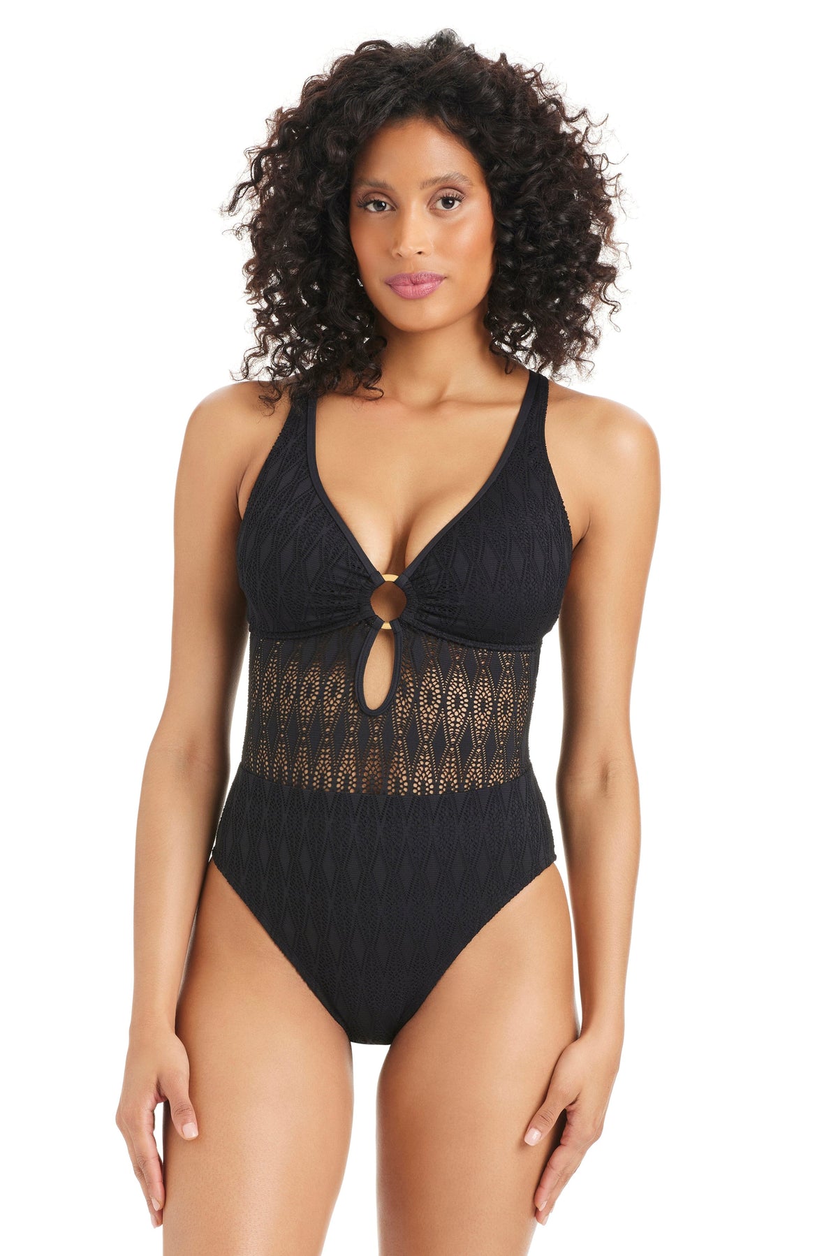 Black Bleu Rod Sunkissed Crochet ring-crossback Mio one-piece swimsuit with crochet details and a stylish crossback design.