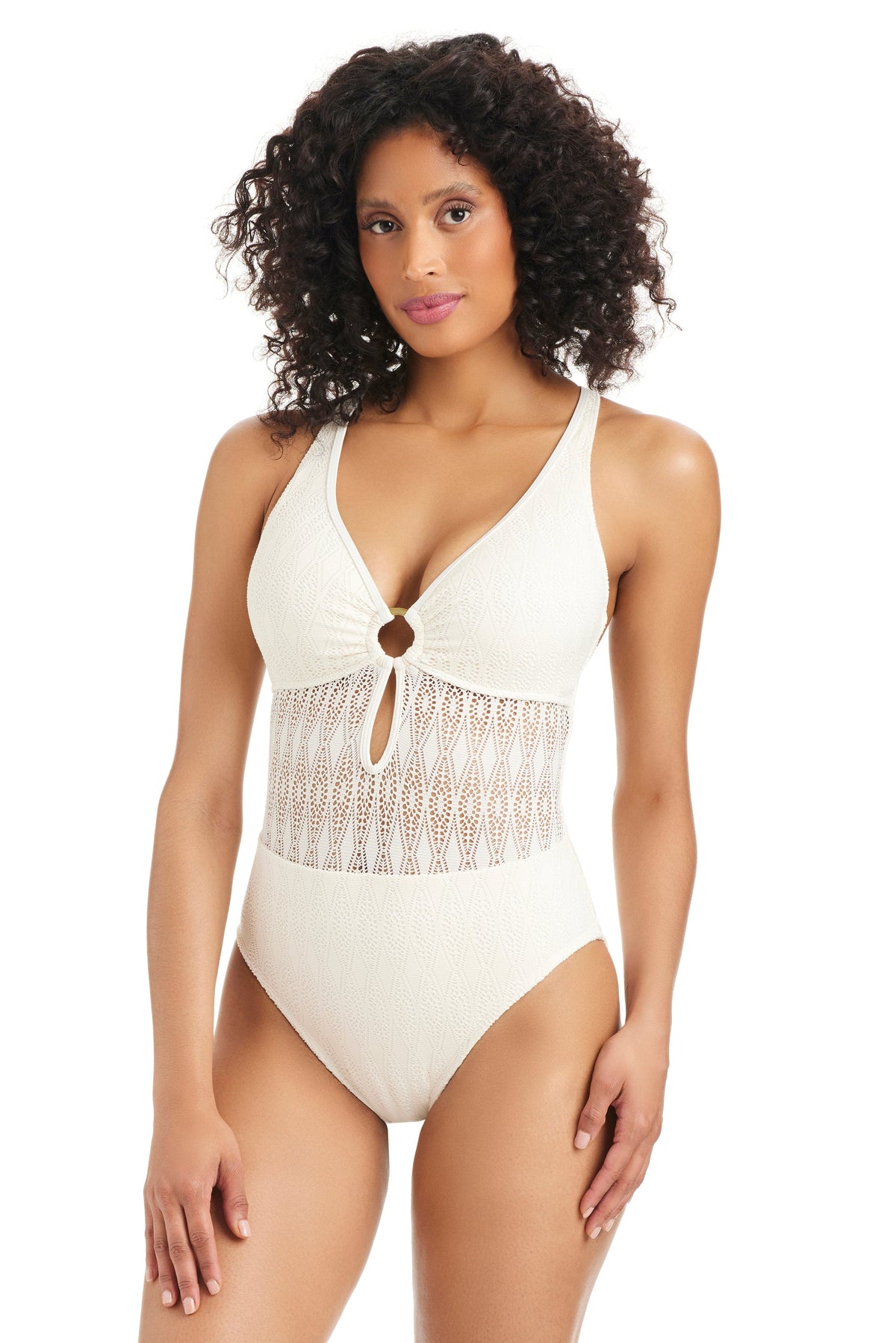 Sunkissed Crochet Ring Crossback Mio One-Piece Swimsuit by Bleu Rod featuring crochet details and crossback strap design.