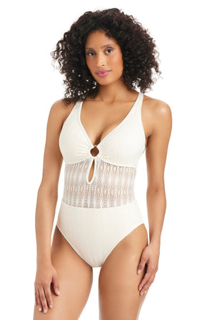 Sunkissed Crochet Ring Crossback Mio One-Piece Swimsuit by Bleu Rod featuring crochet details and crossback strap design.