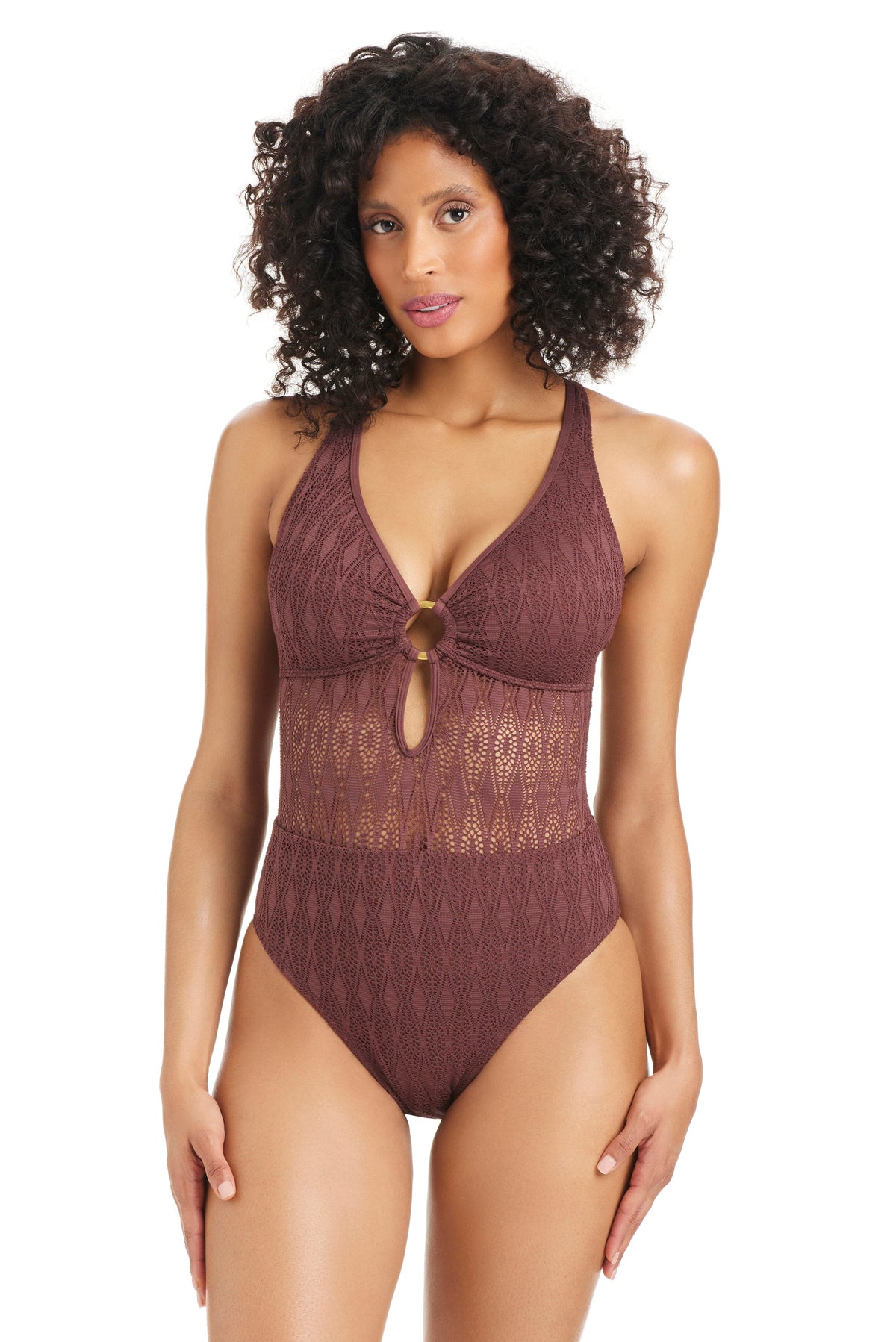 Bleu Rod Sunkissed Crochet ring-crossback Mio one-piece swimsuit in coffee color, featuring crochet details and crossback design.