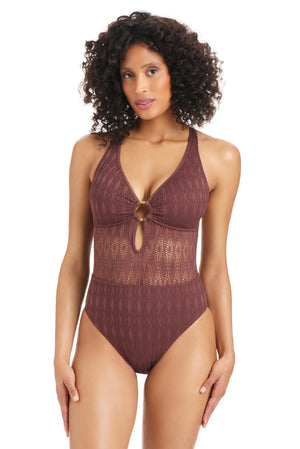 Bleu Rod Sunkissed Crochet ring-crossback Mio one-piece swimsuit in coffee color, featuring crochet details and crossback design.