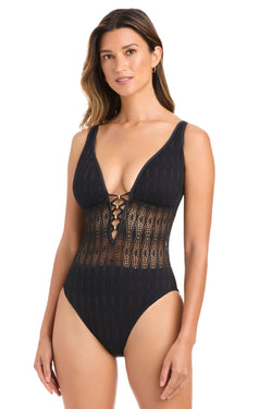 Bleu Rod Sunkissed Crochet over-the-shoulder one-piece swimsuit with a fitted design and crochet details, ideal for beachwear.