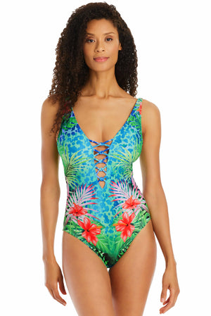 Tropical Flight High Neck Lace Down One Piece Swimsuit - Bleu Rod Beattie