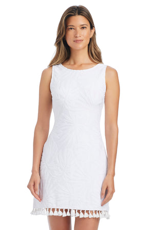 White Tropical Tango A-Line Dress cover-up by Bleu Rod, lightweight, flowy fabric perfect for beach or poolside wear.
