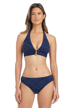 Bleu Rod Tropical Tango banded halter bikini top in midnight, featuring tropical print and supportive halter design.