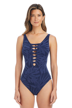 Bleu Rod Tropical Tango lace-down one-piece swimsuit in midnight, featuring over-the-shoulder design and tropical pattern.
