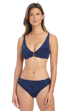 Tropical Tango over-the-shoulder bikini bra by Bleu Rod, midnight halter bikini top with tropical print and supportive design.