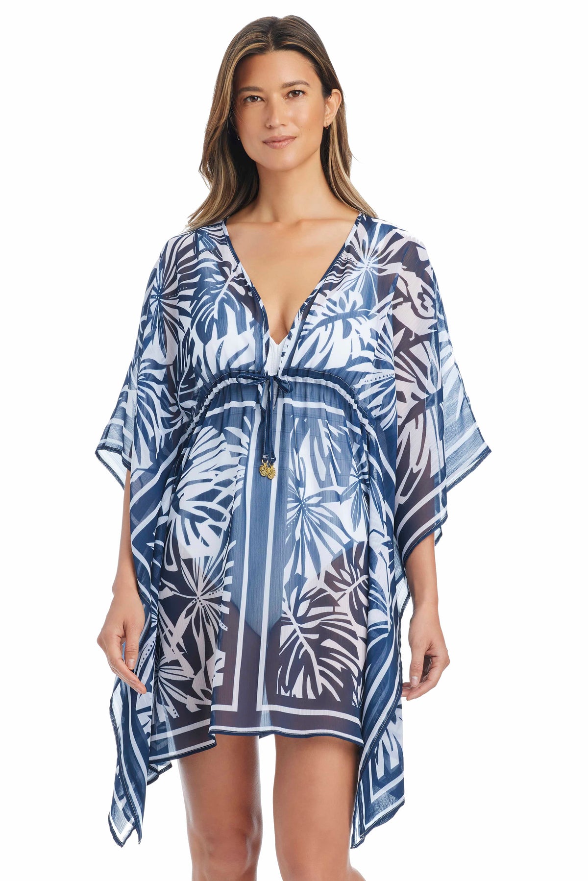 Blue Bleu Rod Tropical Tango caftan cover-up with vibrant tropical print, flowing fabric, and relaxed fit in midnight colors.
