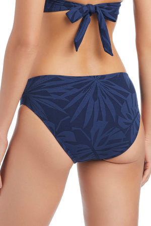 Blue Bleu Rod Tropical Tango basic hipster bikini bottom with tropical print, showing front view on a white background.